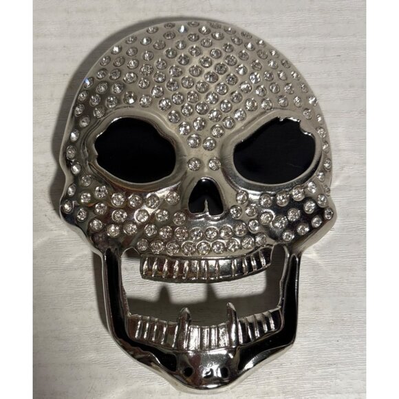 Skull Belt Buckle Silver & Black Rhinestone Bling Metal Gothic Biker Halloween - Picture 4 of 9